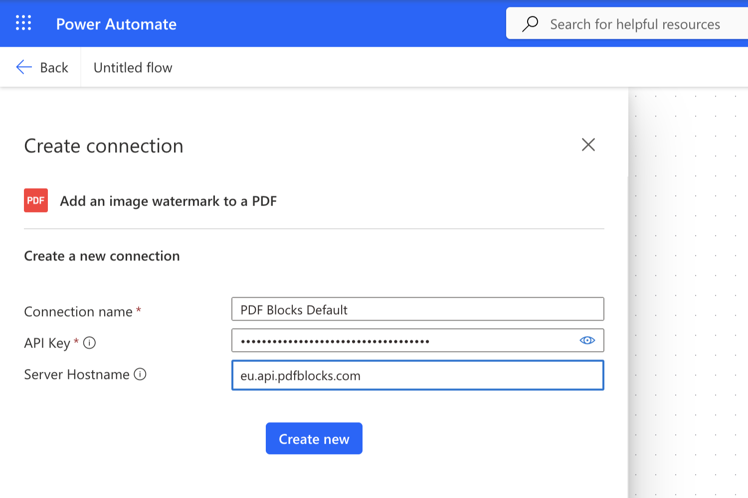 Le volet de création de connexion dans Power Automate, avec le nom d’hôte du serveur de l’UE