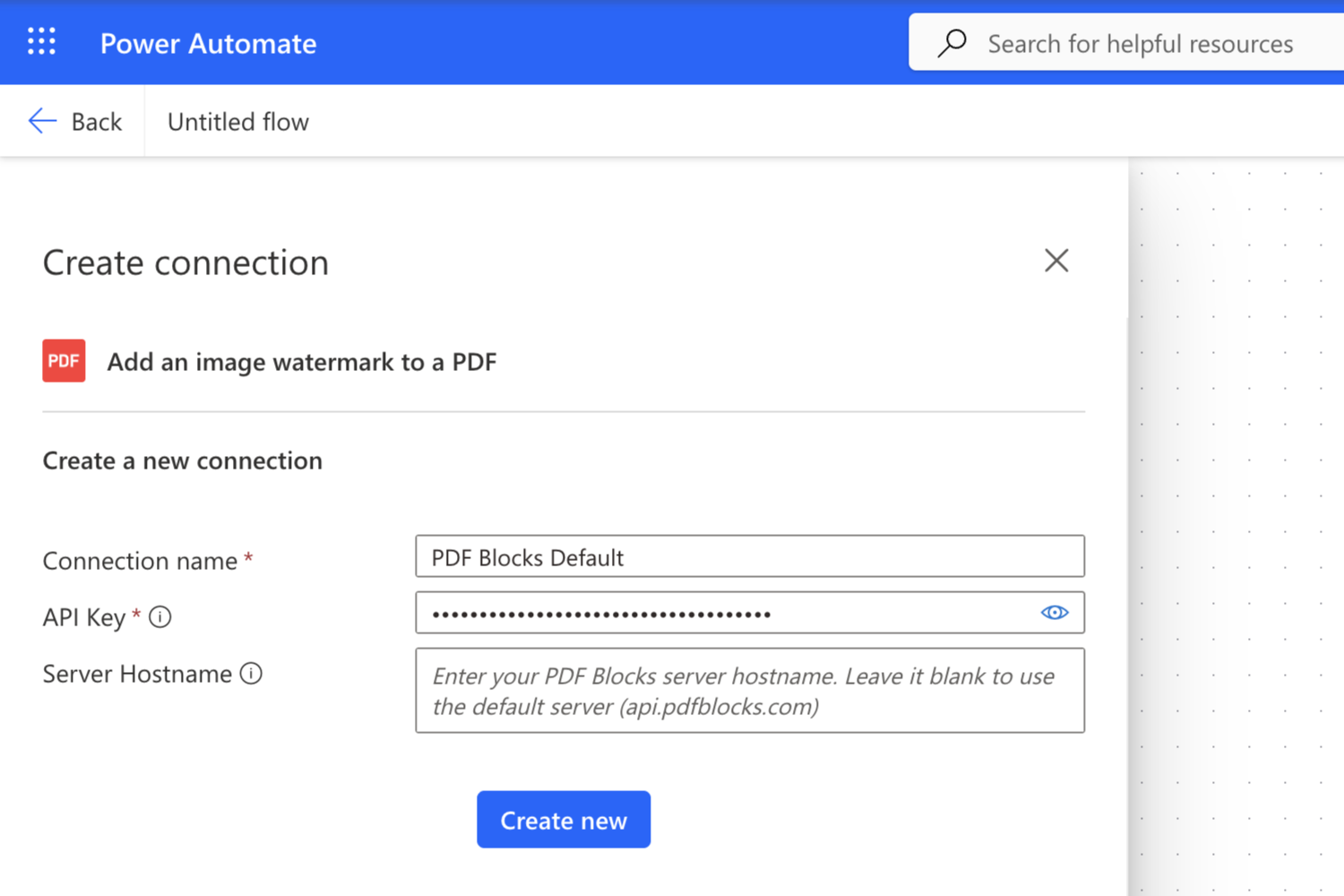 Le volet de création de connexion dans Power Automate, avec le serveur par défaut