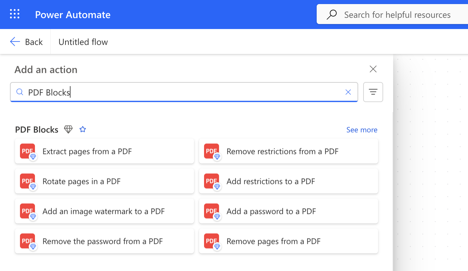 Recherche de PDF Blocks dans le volet Add an action de Power Automate