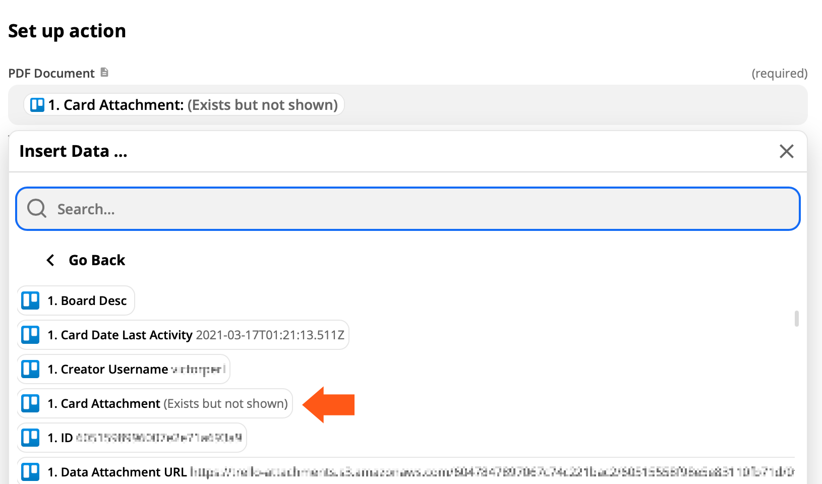 Exemple d’objet fichier dans le sélecteur de données de Zapier